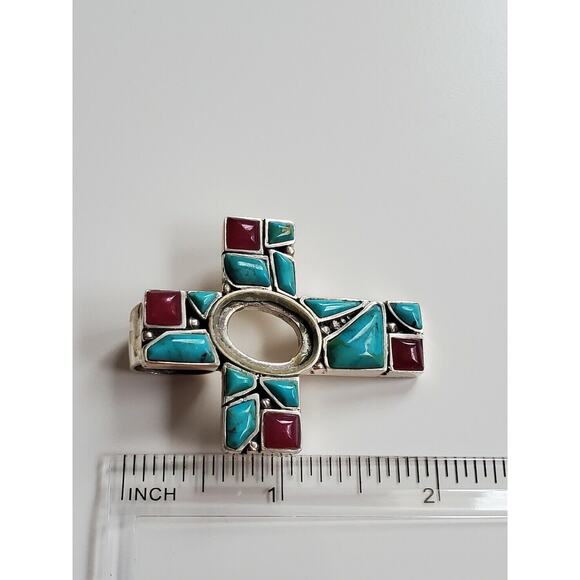 DAMAGED Southwestern Turquoise Cross Pendant in Sterling Silver - Picture 2 of 4